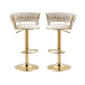 Set of 2 Height Adjustable Velvet Swivel Bar Stools with Golden Base and Padded Seat - Beige