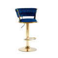 Set of 2 Height Adjustable Velvet Swivel Bar Stools with Golden Base and Padded Seat - Blue