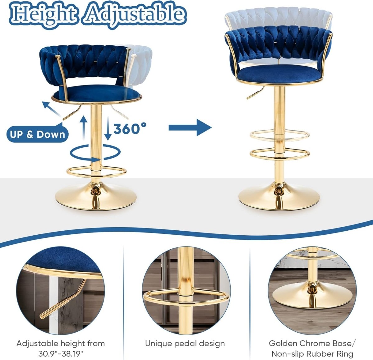 2x Height Adjustable Velvet Swivel Bar Stools with Golden Base and Padded Seat - Blue - Furniture > Bar Stools & Chairs > Table & Bar Stools - Rivercity House & Home Co. (ABN 18 642 972 209) - Affordable Modern Furniture Australia