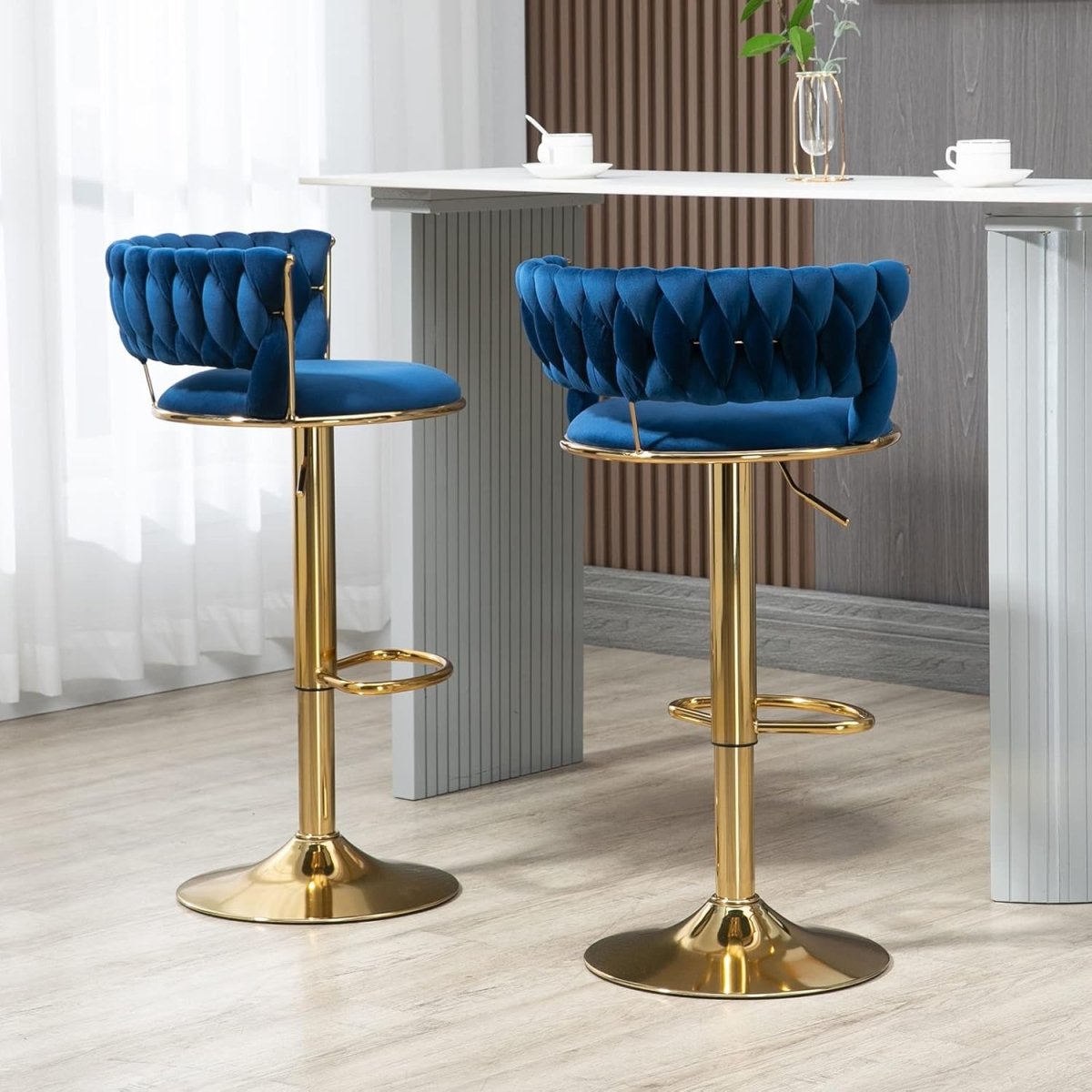 2x Height Adjustable Velvet Swivel Bar Stools with Golden Base and Padded Seat - Blue - Furniture > Bar Stools & Chairs > Table & Bar Stools - Rivercity House & Home Co. (ABN 18 642 972 209) - Affordable Modern Furniture Australia