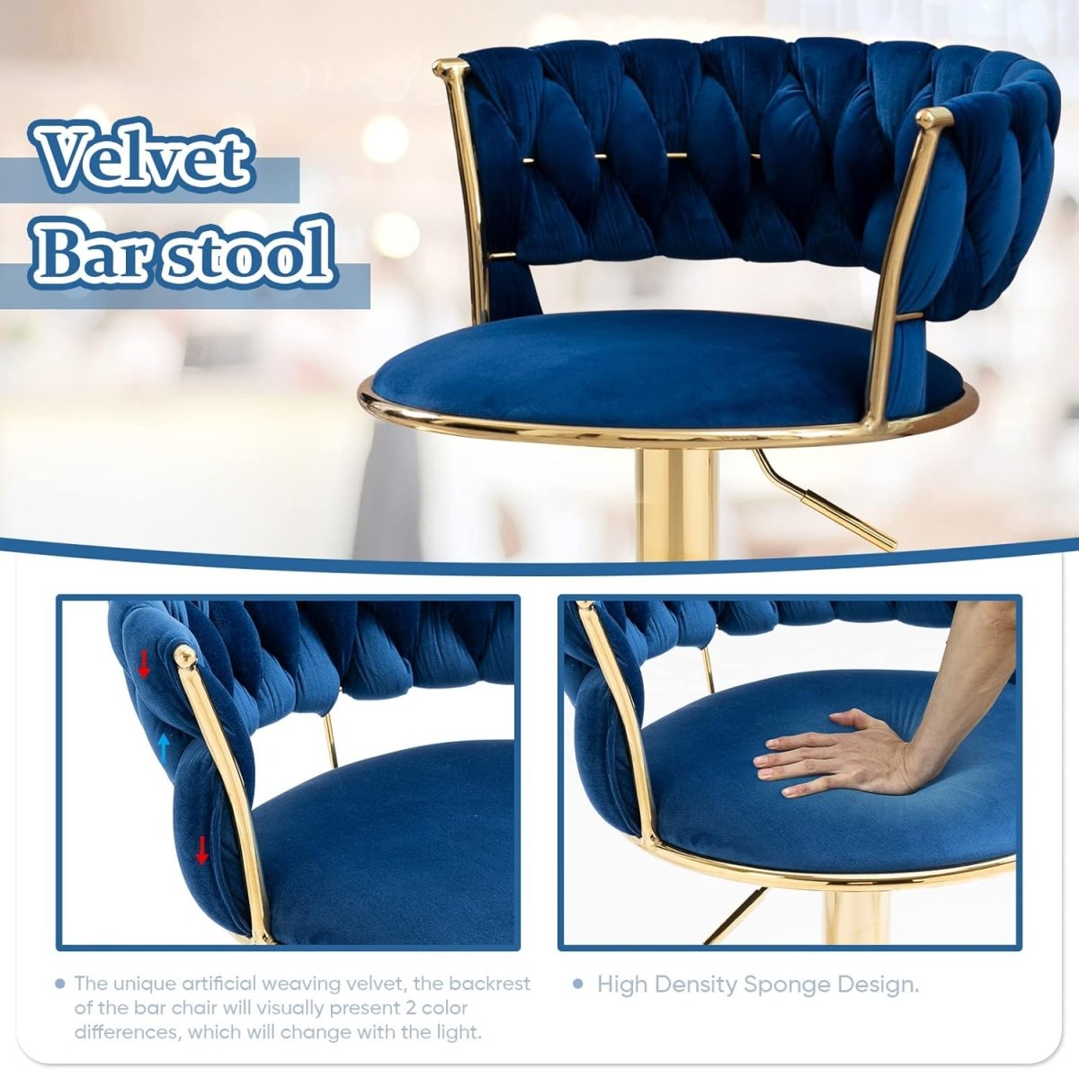 2x Height Adjustable Velvet Swivel Bar Stools with Golden Base and Padded Seat - Blue - Furniture > Bar Stools & Chairs > Table & Bar Stools - Rivercity House & Home Co. (ABN 18 642 972 209) - Affordable Modern Furniture Australia