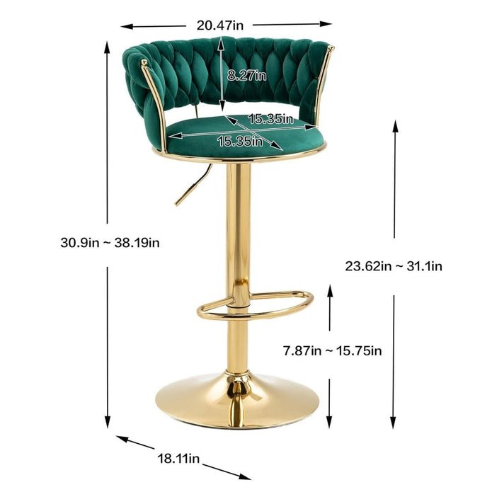 2x Height Adjustable Velvet Swivel Bar Stools with Golden Base and Padded Seat - Green - Furniture > Bar Stools & Chairs > Table & Bar Stools - Rivercity House & Home Co. (ABN 18 642 972 209) - Affordable Modern Furniture Australia