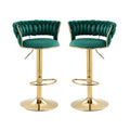 Set of 2 Height Adjustable Velvet Swivel Bar Stools with Golden Base and Padded Seat - Green