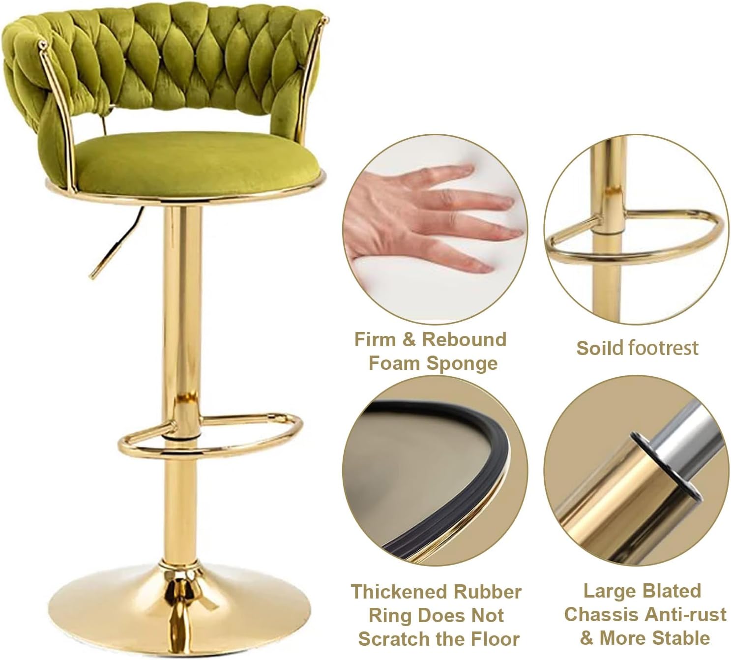 2x Height Adjustable Velvet Swivel Bar Stools with Golden Base Padded Seat - Olive Green - Furniture > Bar Stools & Chairs > Table & Bar Stools - Rivercity House & Home Co. (ABN 18 642 972 209) - Affordable Modern Furniture Australia