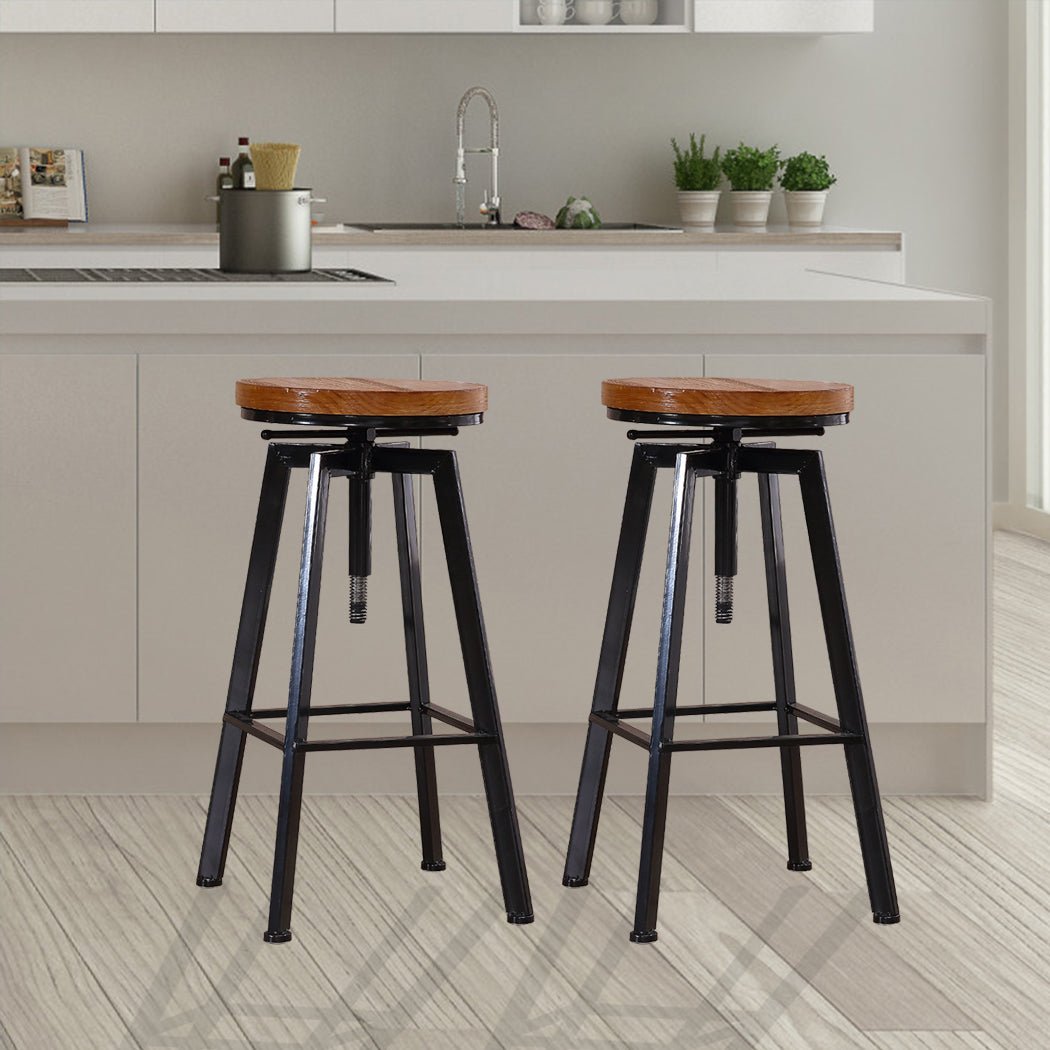 2x Industrial Adjustable Bar Stools with Wooden Seat - Vintage Finish - Rivercity House & Home Co. (ABN 18 642 972 209) - Affordable Modern Furniture Australia
