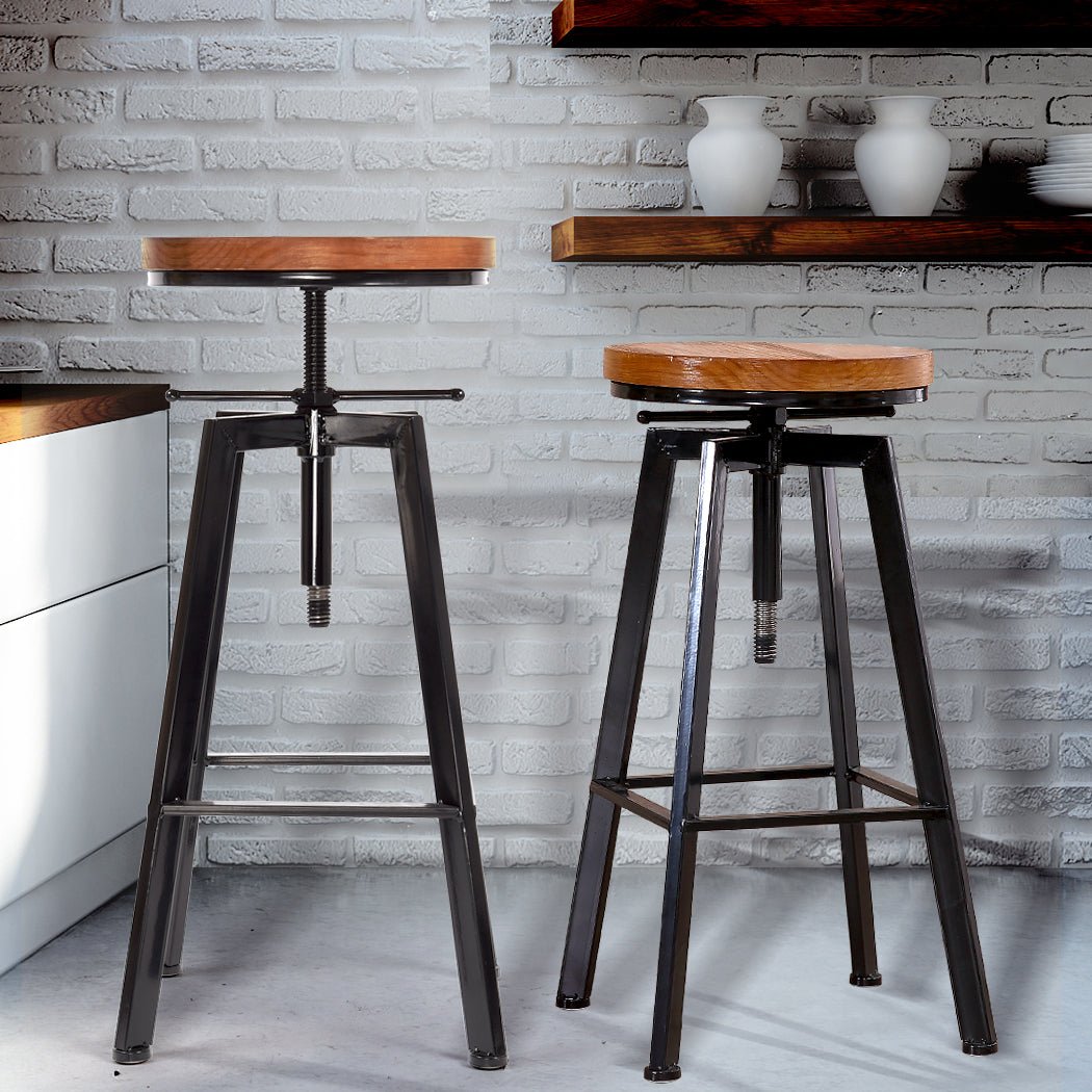 2x Industrial Adjustable Bar Stools with Wooden Seat - Vintage Finish - Rivercity House & Home Co. (ABN 18 642 972 209) - Affordable Modern Furniture Australia