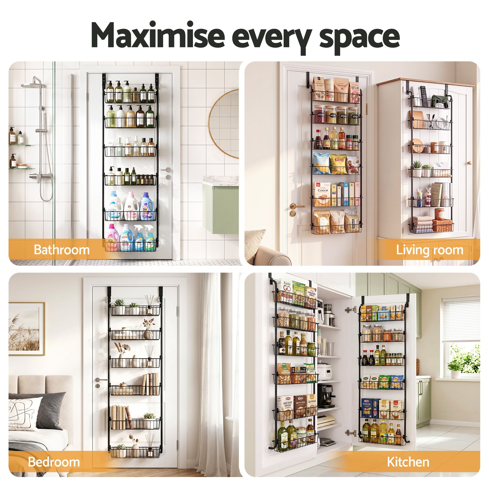 2x Over Door Storage Pantry Organiser 6 - Tier Metal Hanger Hook Black - Tools > Tools Storage > Wall Storage Racks - Rivercity House & Home Co. (ABN 18 642 972 209) - Affordable Modern Furniture Australia