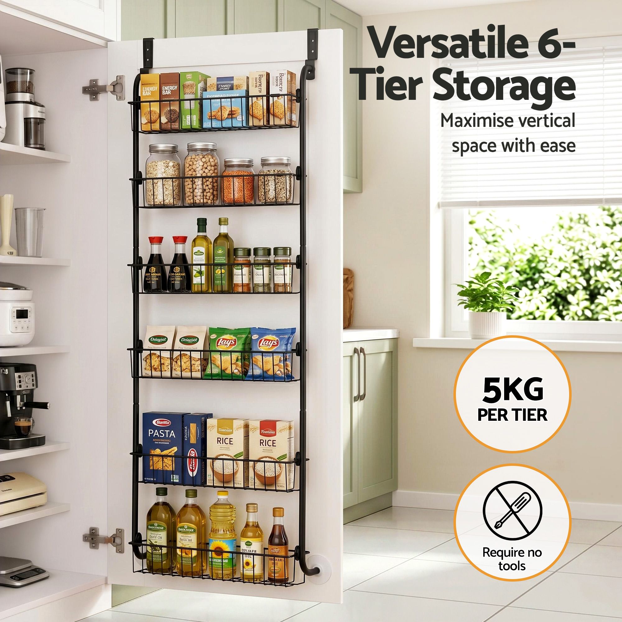2x Over Door Storage Pantry Organiser 6 - Tier Metal Hanger Hook Black - Tools > Tools Storage > Wall Storage Racks - Rivercity House & Home Co. (ABN 18 642 972 209) - Affordable Modern Furniture Australia
