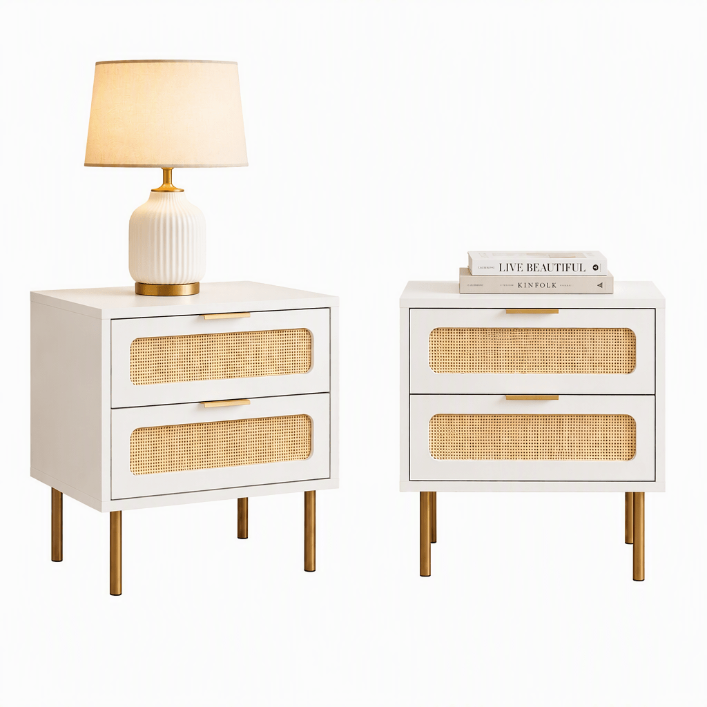 2x Rattan Bedside Table 2 Drawers White - Furniture > Bedroom > Bedside Tables - Rivercity House & Home Co. (ABN 18 642 972 209) - Affordable Modern Furniture Australia