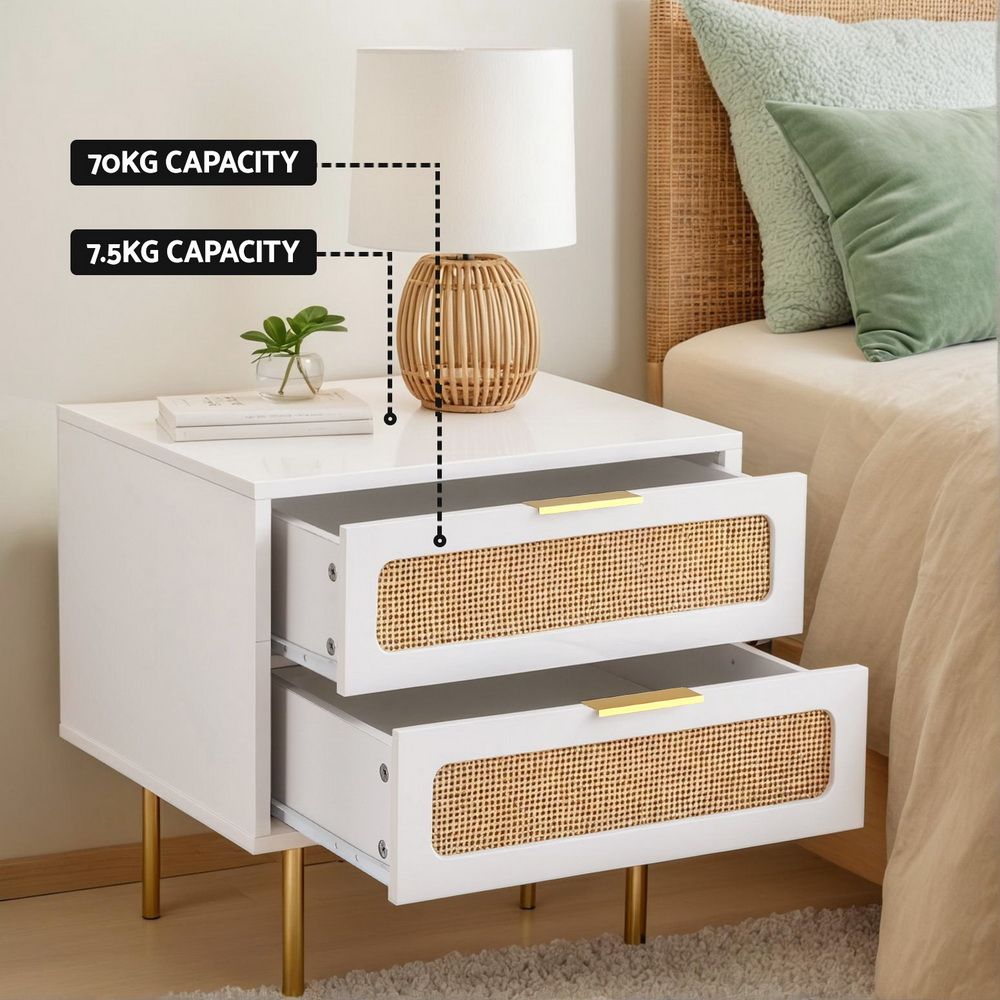 2x Rattan Bedside Table 2 Drawers White - Furniture > Bedroom > Bedside Tables - Rivercity House & Home Co. (ABN 18 642 972 209) - Affordable Modern Furniture Australia