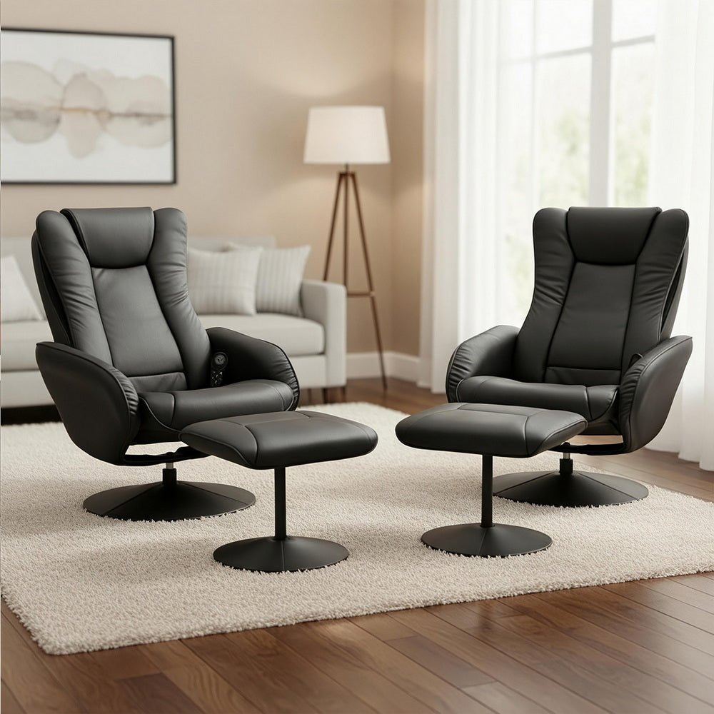 2X Recliner Chair Ottoman Heated Massage Black - Furniture > Bar Stools & Chairs > Arm Chairs & Recliners - Rivercity House & Home Co. (ABN 18 642 972 209) - Affordable Modern Furniture Australia
