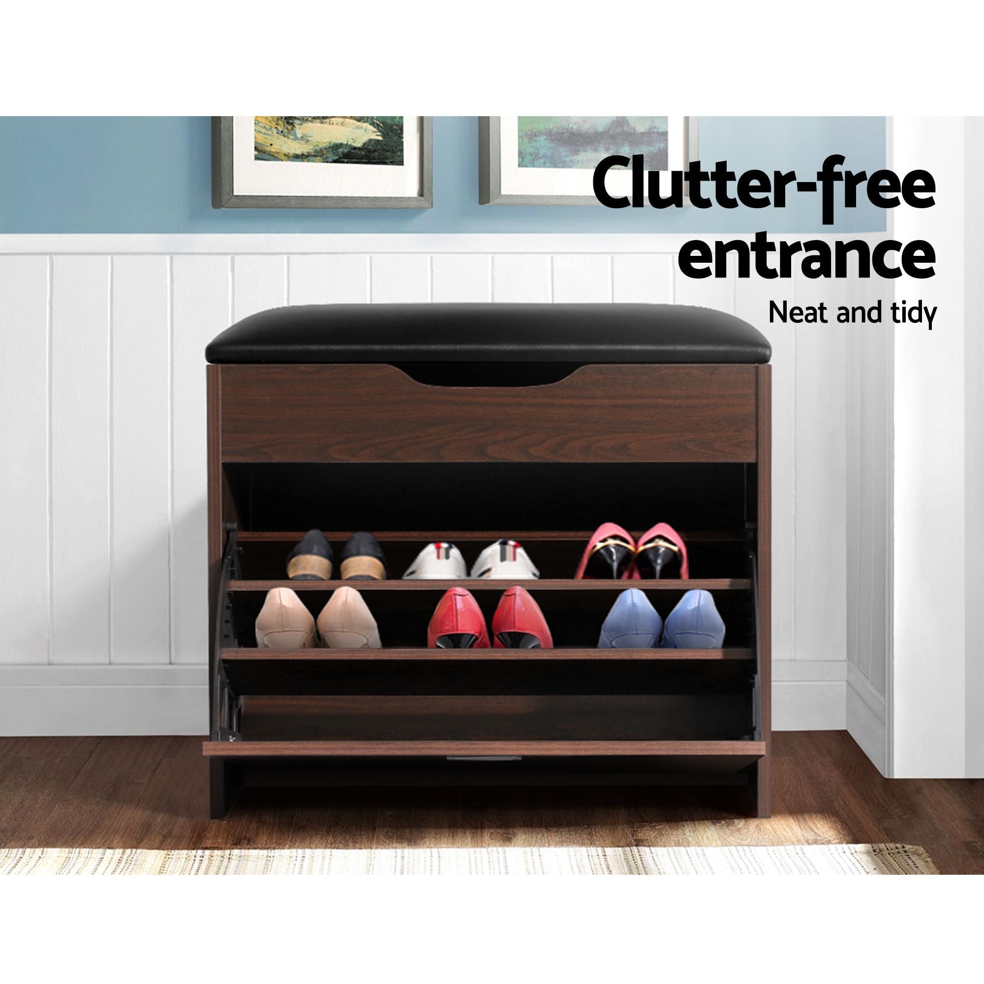 2x Shoe Bench Set Flip Drawer Walnut - Furniture > Living Room > Shoe Storage - Rivercity House & Home Co. (ABN 18 642 972 209) - Affordable Modern Furniture Australia