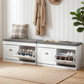 2-Piece Shoe Bench Set with Flip Drawers and Padded Seat - White