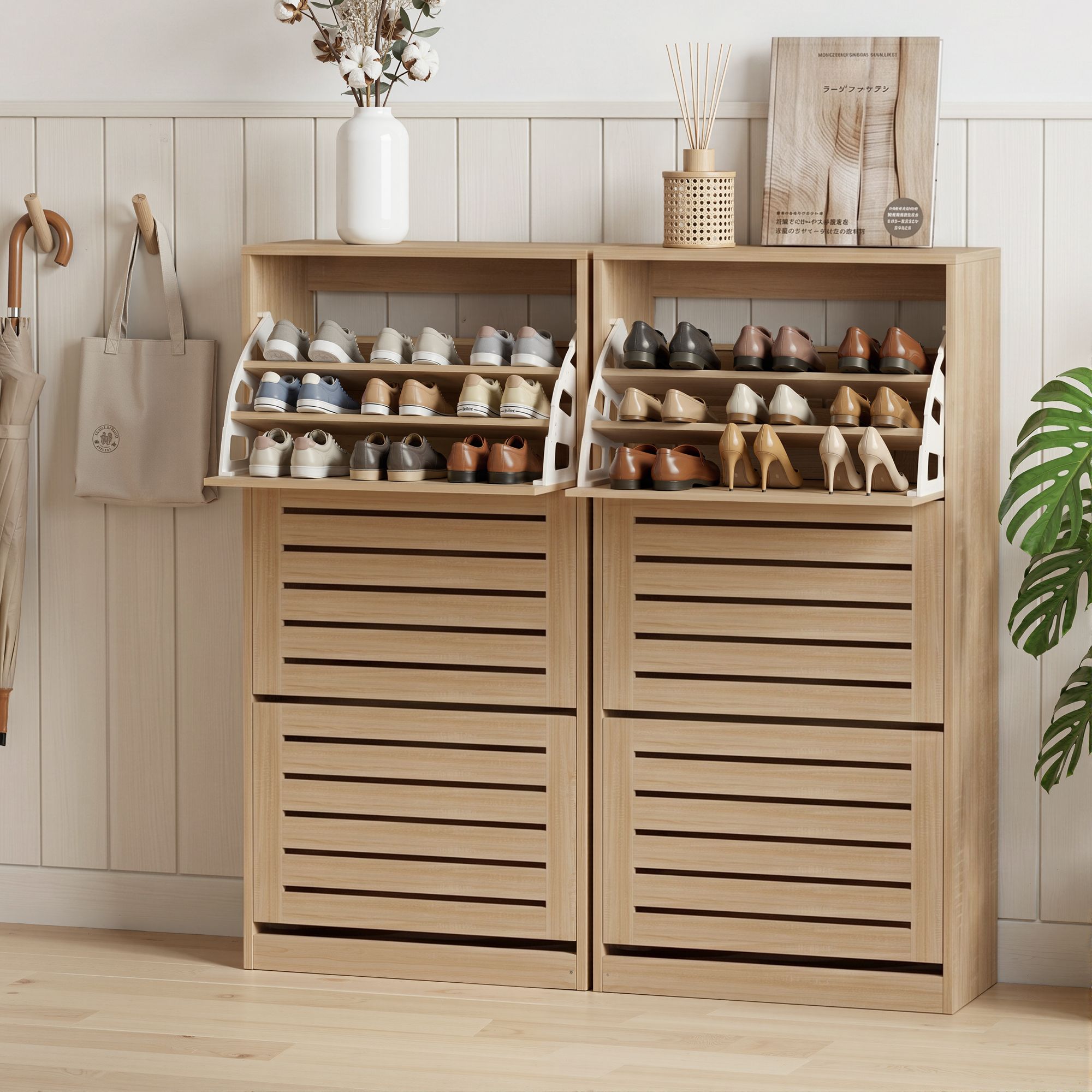 2x Shoe Cabinet Storage Organiser 3 Flip Drawer Pine - Furniture > Living Room > Shoe Storage - Rivercity House & Home Co. (ABN 18 642 972 209) - Affordable Modern Furniture Australia