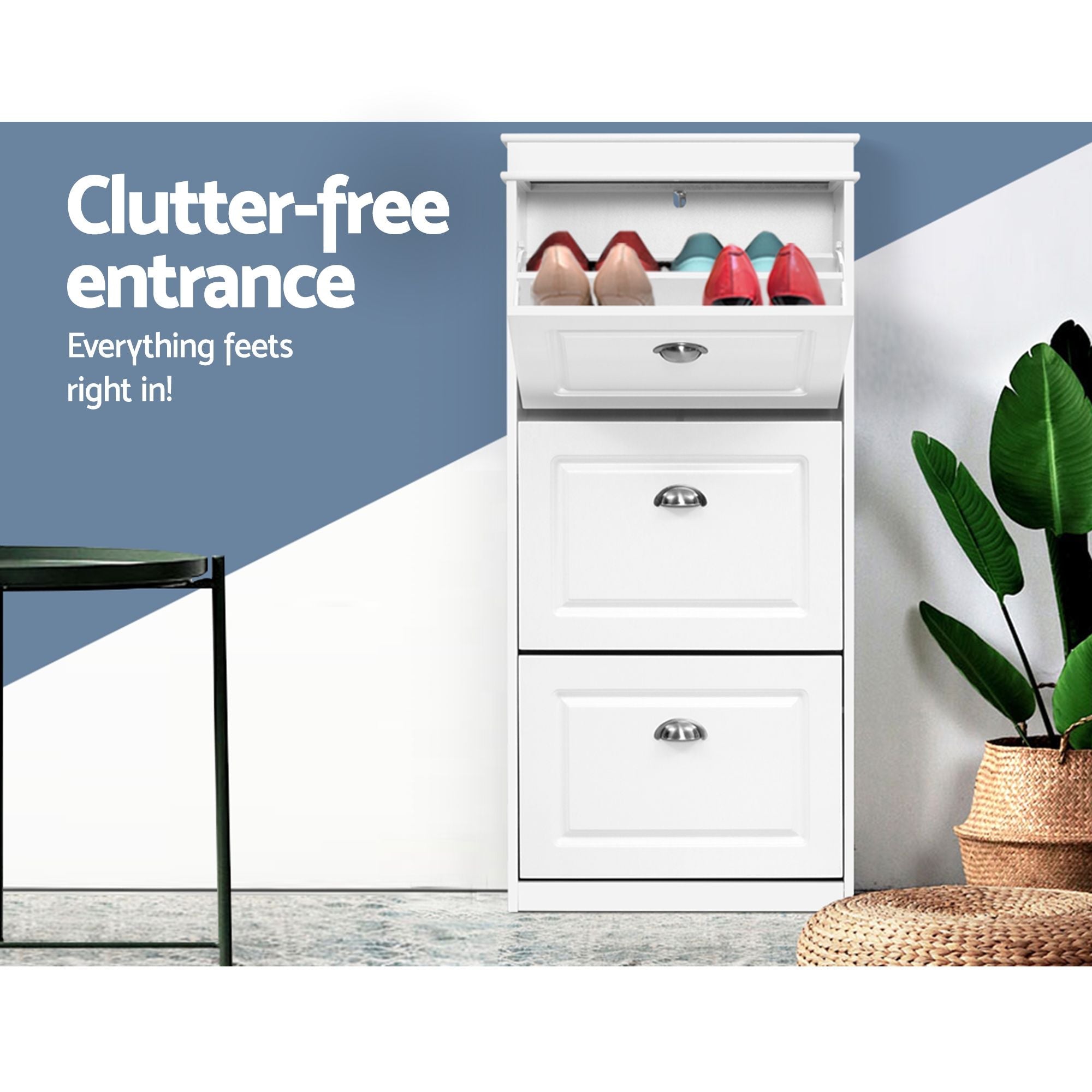 2x Shoe Cabinet Storage Organiser 3 Flip Drawer White - Furniture > Living Room > Shoe Storage - Rivercity House & Home Co. (ABN 18 642 972 209) - Affordable Modern Furniture Australia