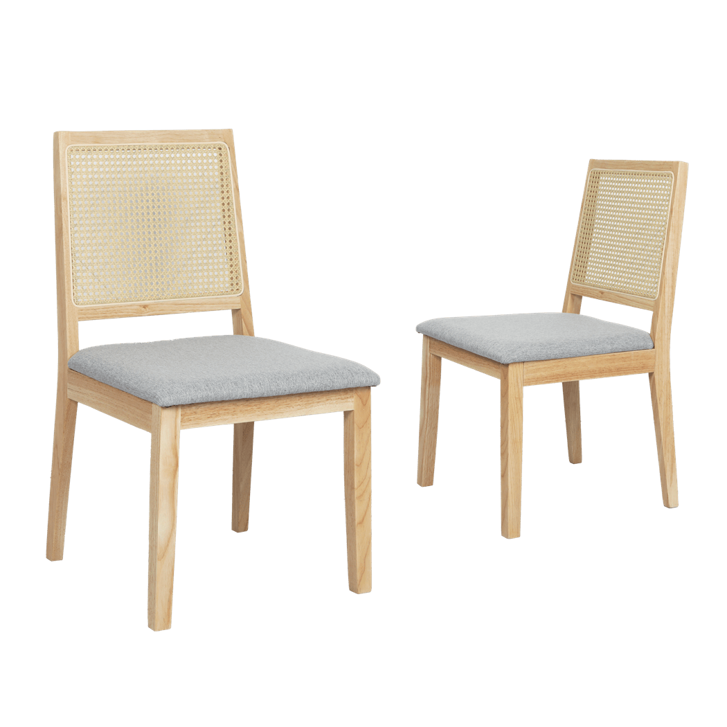 2x Solid Wood Rattan Dining Chairs with Upholstered Seat - Natural Grey - Rivercity House & Home Co. (ABN 18 642 972 209) - Affordable Modern Furniture Australia