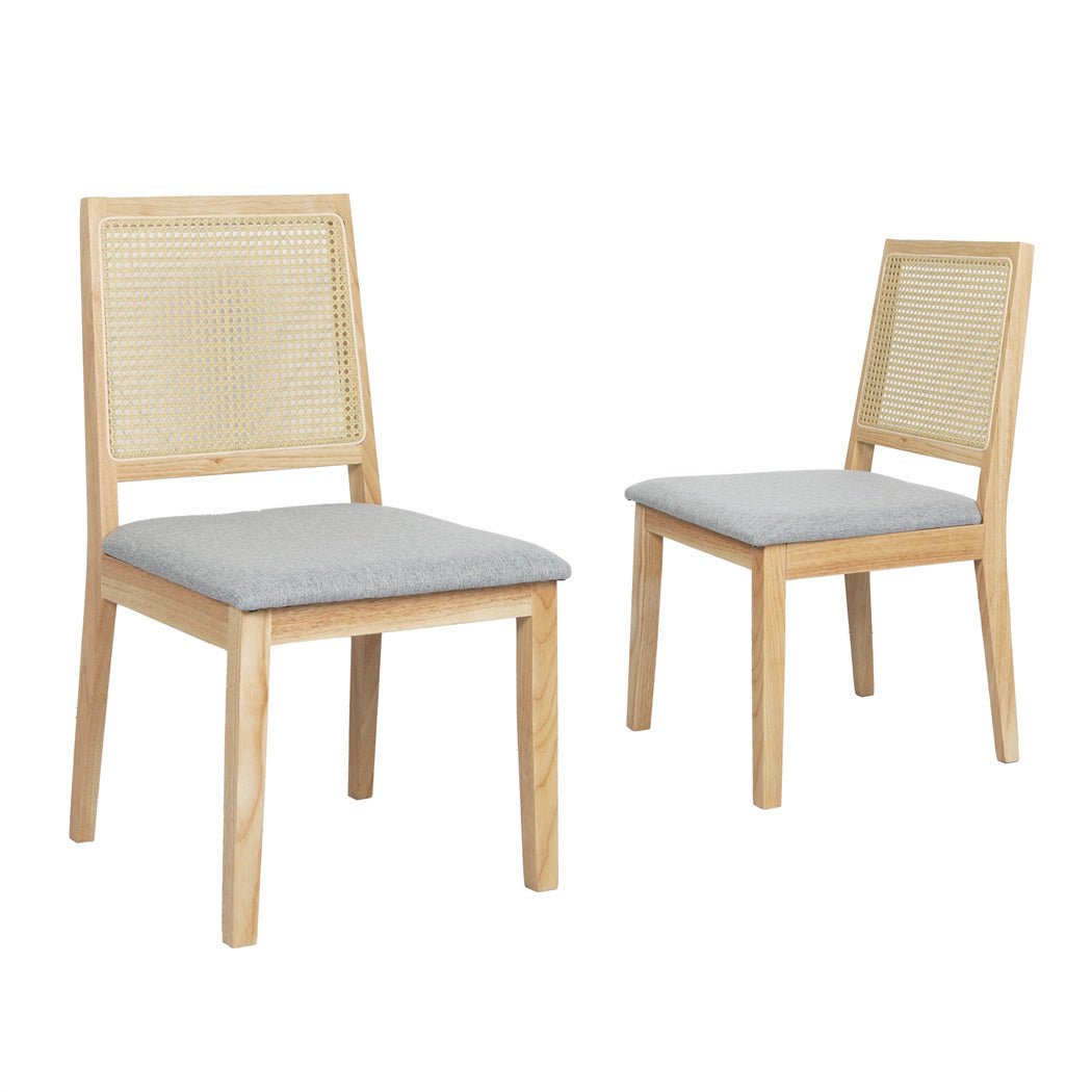 2x Solid Wood Rattan Dining Chairs with Upholstered Seat - Natural Grey - Rivercity House & Home Co. (ABN 18 642 972 209) - Affordable Modern Furniture Australia