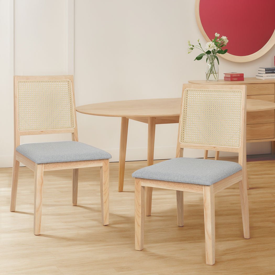 2x Solid Wood Rattan Dining Chairs with Upholstered Seat - Natural Grey - Rivercity House & Home Co. (ABN 18 642 972 209) - Affordable Modern Furniture Australia