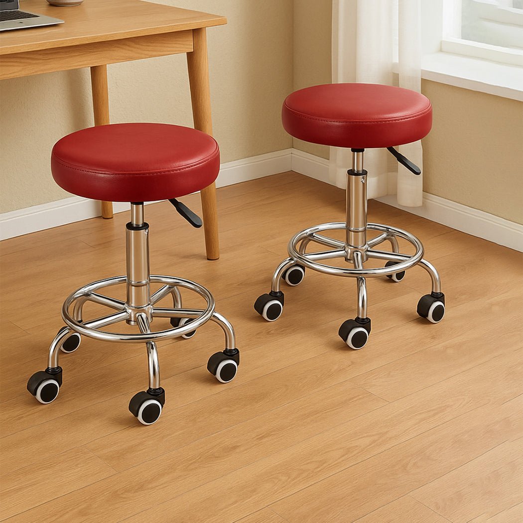 2x Swivel Salon Barber Stools with Wheels - Burgundy - Rivercity House & Home Co. (ABN 18 642 972 209) - Affordable Modern Furniture Australia