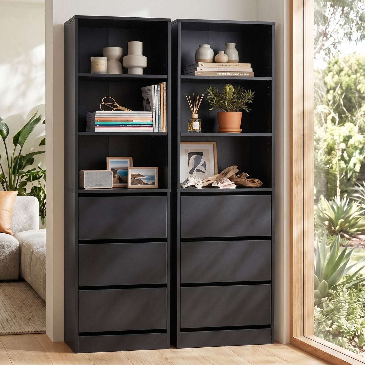 2x Tallboy Chest of 3 Drawers Cabinet - Black - Furniture > Bedroom > Dressing Vanity & Dressing Tables - Rivercity House & Home Co. (ABN 18 642 972 209) - Affordable Modern Furniture Australia