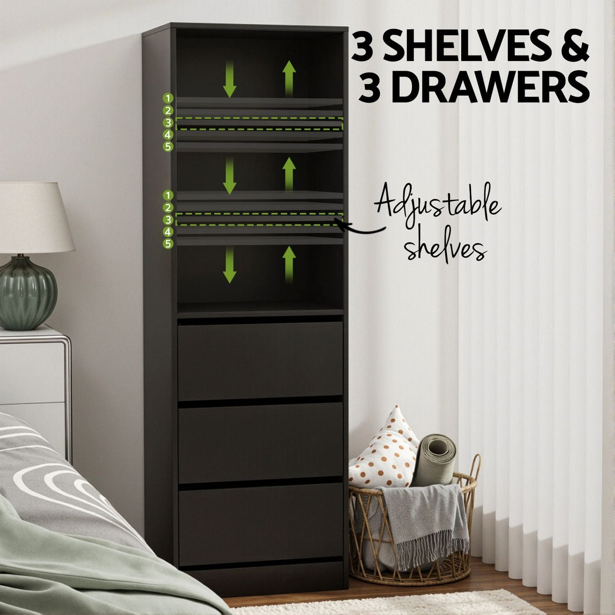 2x Tallboy Chest of 3 Drawers Cabinet - Black - Furniture > Bedroom > Dressing Vanity & Dressing Tables - Rivercity House & Home Co. (ABN 18 642 972 209) - Affordable Modern Furniture Australia