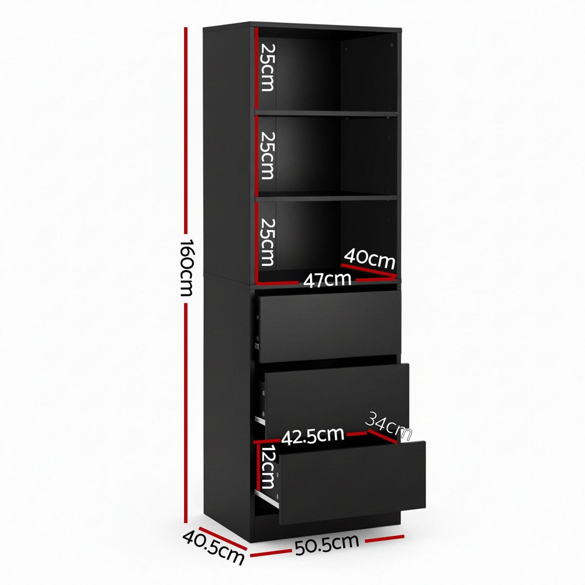 2x Tallboy Chest of 3 Drawers Cabinet - Black - Furniture > Bedroom > Dressing Vanity & Dressing Tables - Rivercity House & Home Co. (ABN 18 642 972 209) - Affordable Modern Furniture Australia
