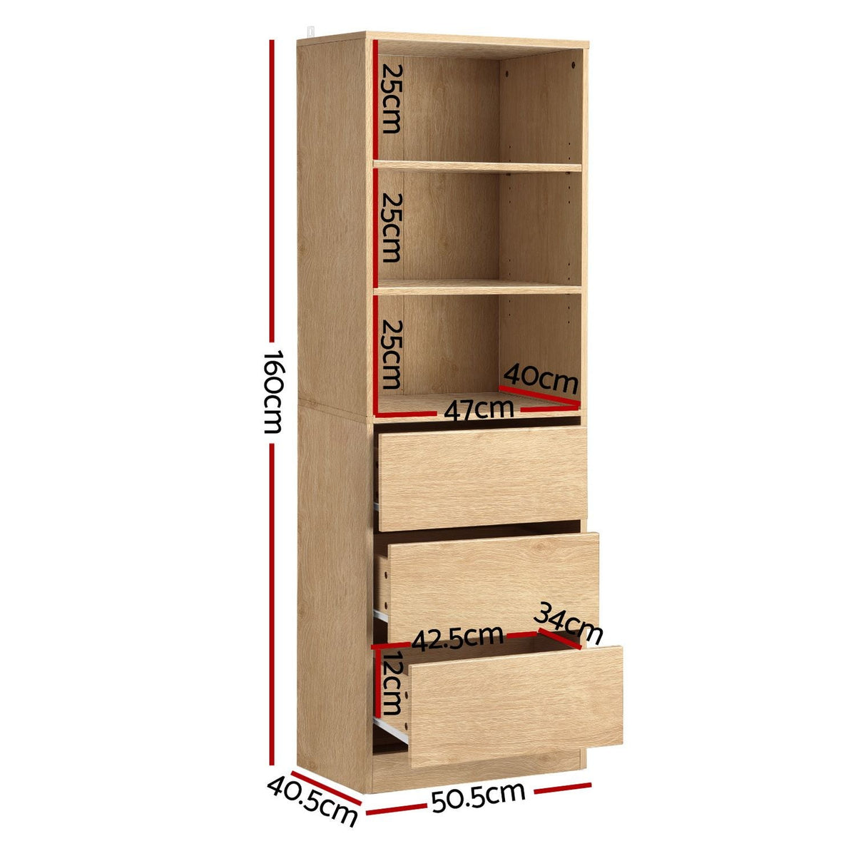 2x Tallboy Chest of 3 Drawers Cabinet with Adjustable Shelves - Pine - Furniture > Bedroom > Dressing Vanity & Dressing Tables - Rivercity House & Home Co. (ABN 18 642 972 209) - Affordable Modern Furniture Australia