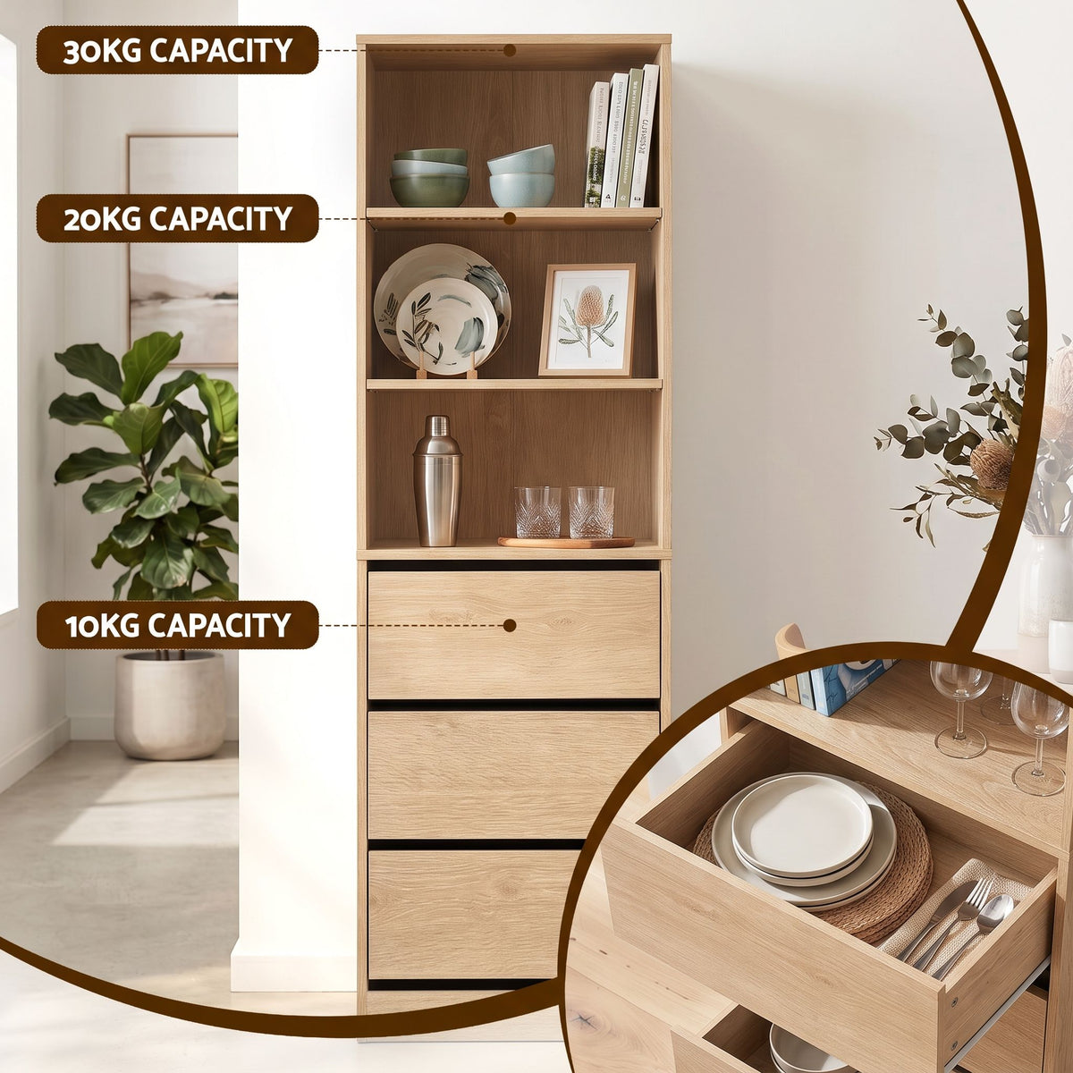 2x Tallboy Chest of 3 Drawers Cabinet with Adjustable Shelves - Pine - Furniture > Bedroom > Dressing Vanity & Dressing Tables - Rivercity House & Home Co. (ABN 18 642 972 209) - Affordable Modern Furniture Australia