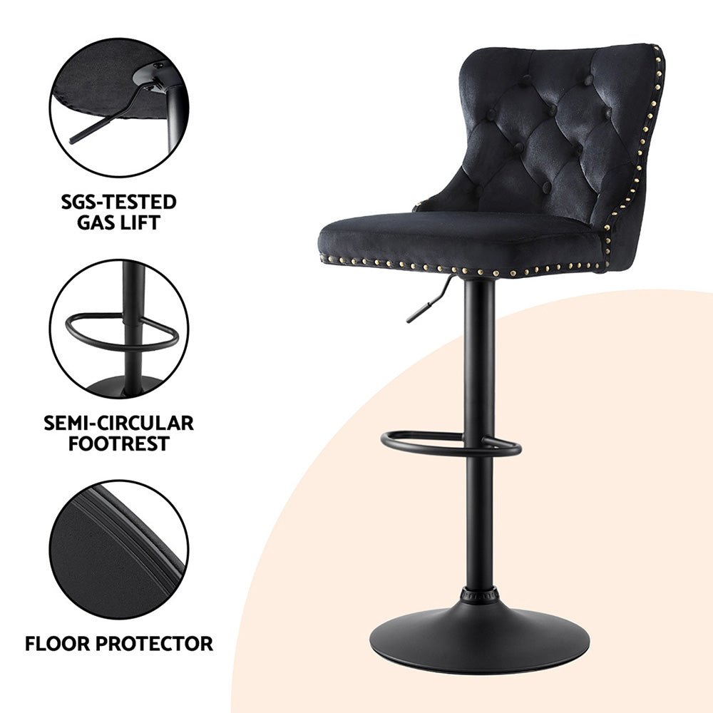 2x Velvet Bar Stool Adjustable Height Nailhead Trim Kitchen Counter Stool - Furniture > Bar Stools & Chairs > Table & Bar Stools - Rivercity House & Home Co. (ABN 18 642 972 209) - Affordable Modern Furniture Australia