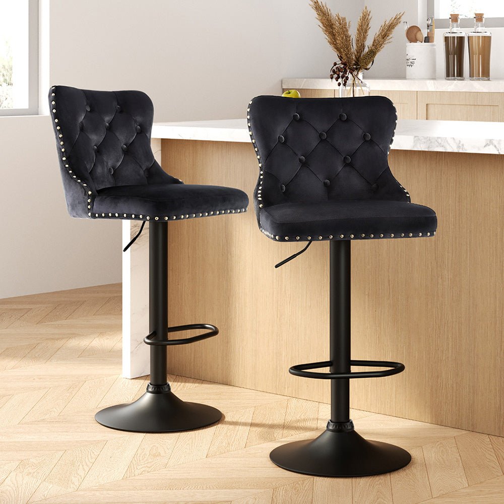 2x Velvet Bar Stool Adjustable Height Nailhead Trim Kitchen Counter Stool - Furniture > Bar Stools & Chairs > Table & Bar Stools - Rivercity House & Home Co. (ABN 18 642 972 209) - Affordable Modern Furniture Australia