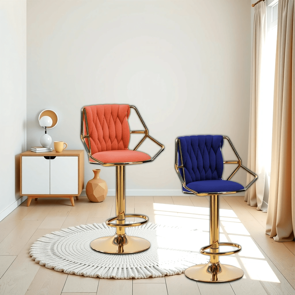 2x Velvet Padded Barstools with Backrest, Footrest & Golden Round Base - Orange - Furniture > Bar Stools & Chairs > Table & Bar Stools - Rivercity House & Home Co. (ABN 18 642 972 209) - Affordable Modern Furniture Australia