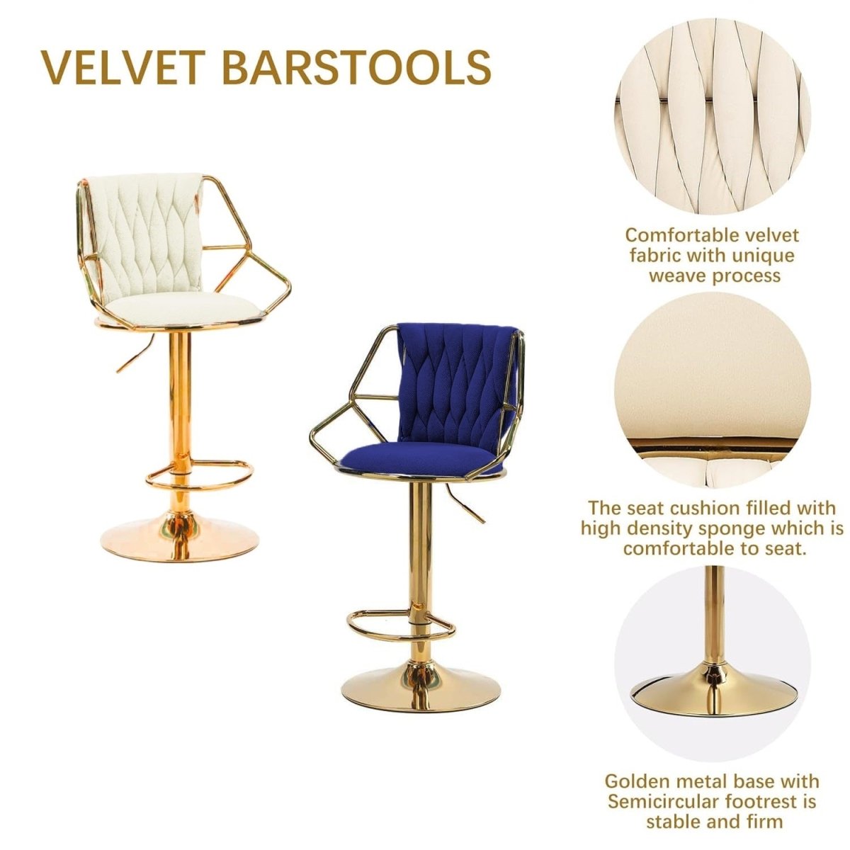 2x Velvet Padded Golden Round Base Barstools with Backrest and Footrest - Beige - Furniture > Bar Stools & Chairs > Table & Bar Stools - Rivercity House & Home Co. (ABN 18 642 972 209) - Affordable Modern Furniture Australia