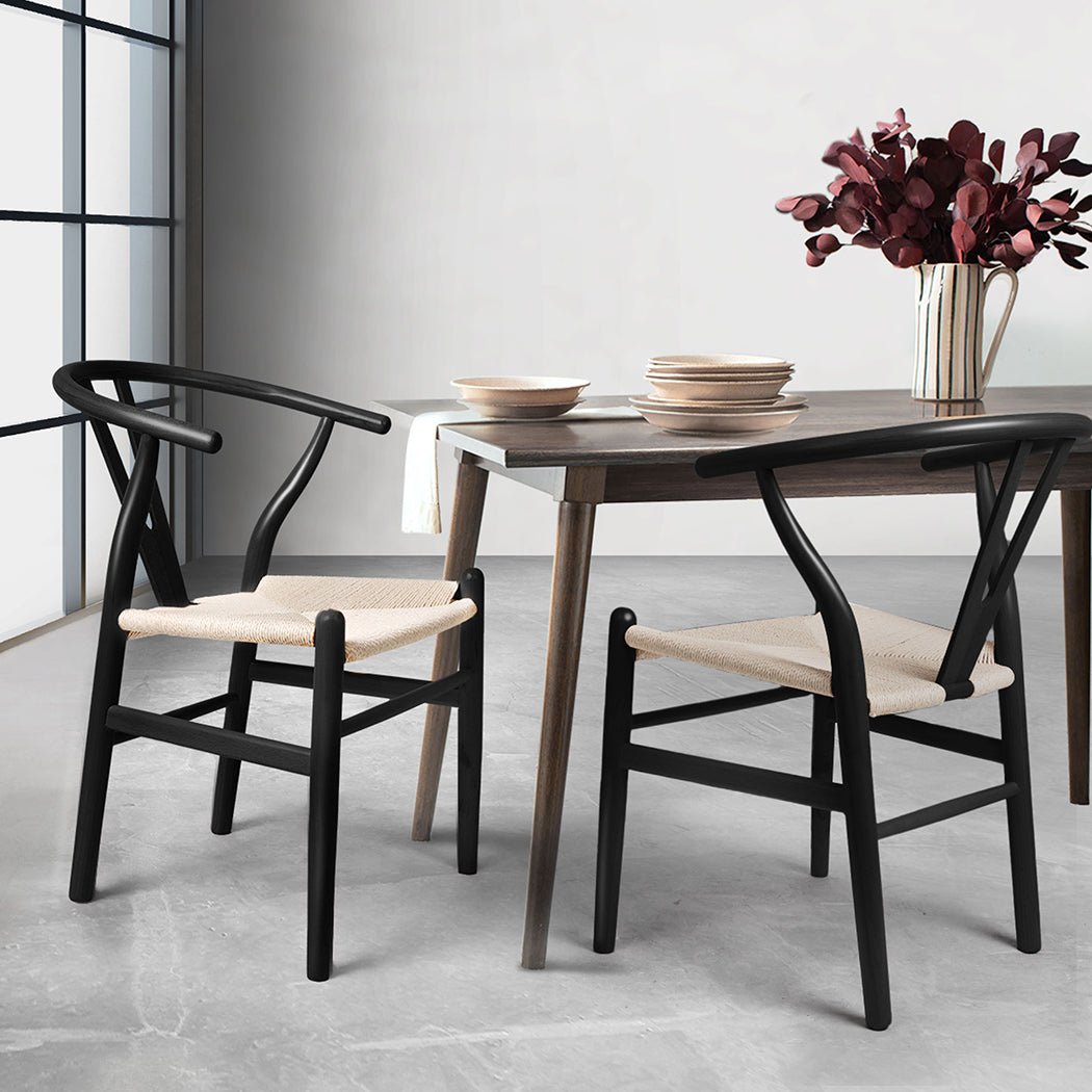 2x Wooden Dining Chairs Hans with Rattan Seat - Black - Rivercity House & Home Co. (ABN 18 642 972 209) - Affordable Modern Furniture Australia