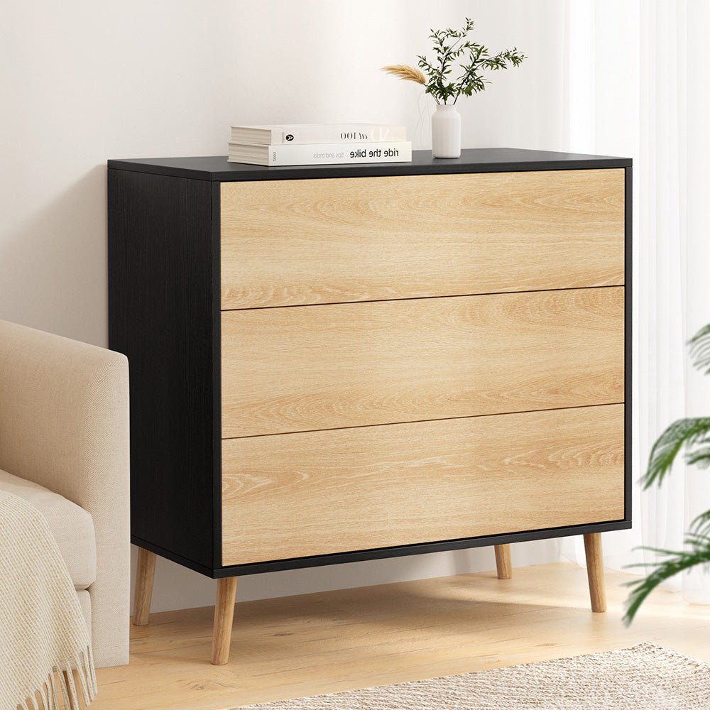 3 Chest of Drawers Dresser Table Black&Pine - Furniture > Bedroom > Dressers - Rivercity House & Home Co. (ABN 18 642 972 209) - Affordable Modern Furniture Australia