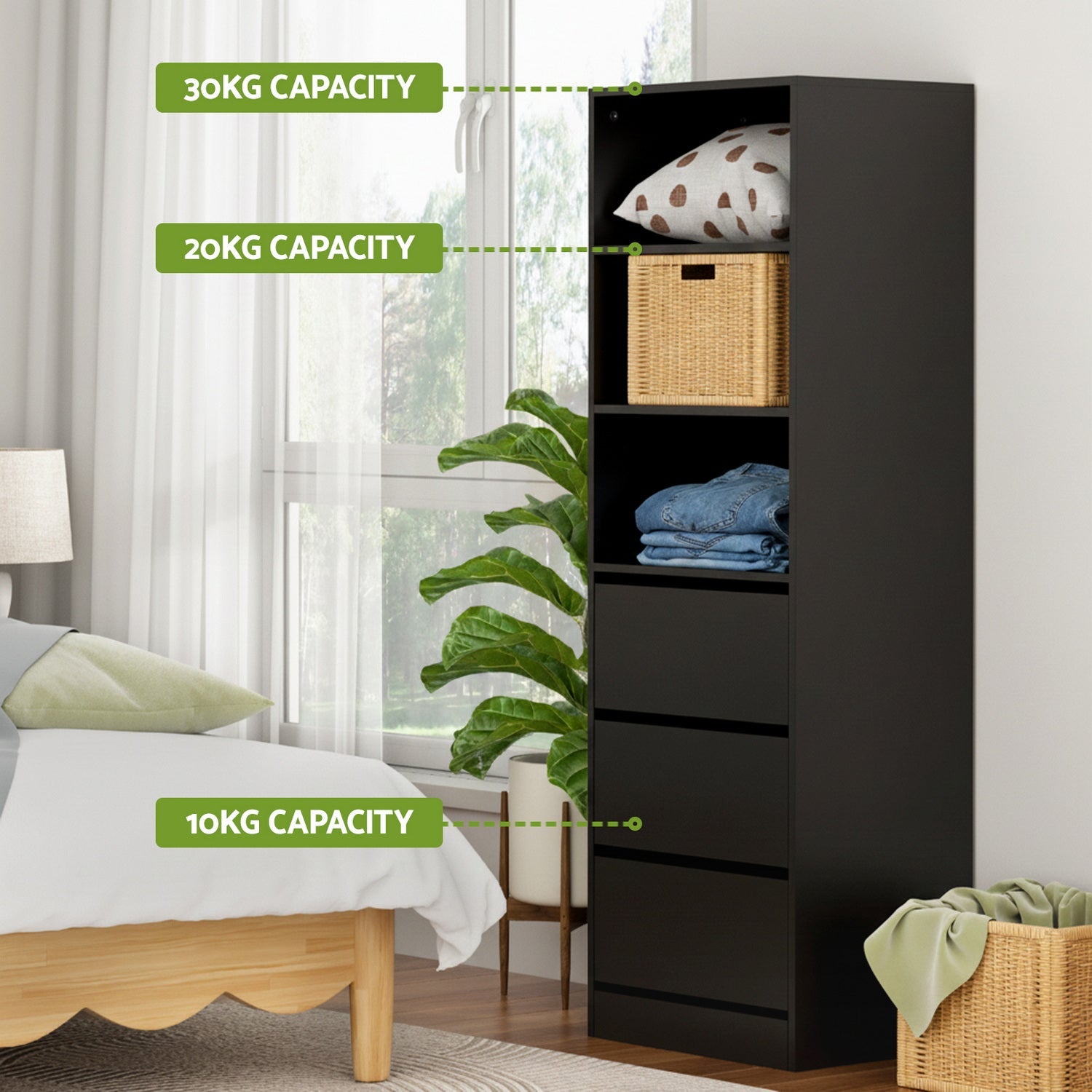 3 Chest of Drawers Tallboy Cabinet Black - Furniture > Bedroom > Dressers - Rivercity House & Home Co. (ABN 18 642 972 209) - Affordable Modern Furniture Australia