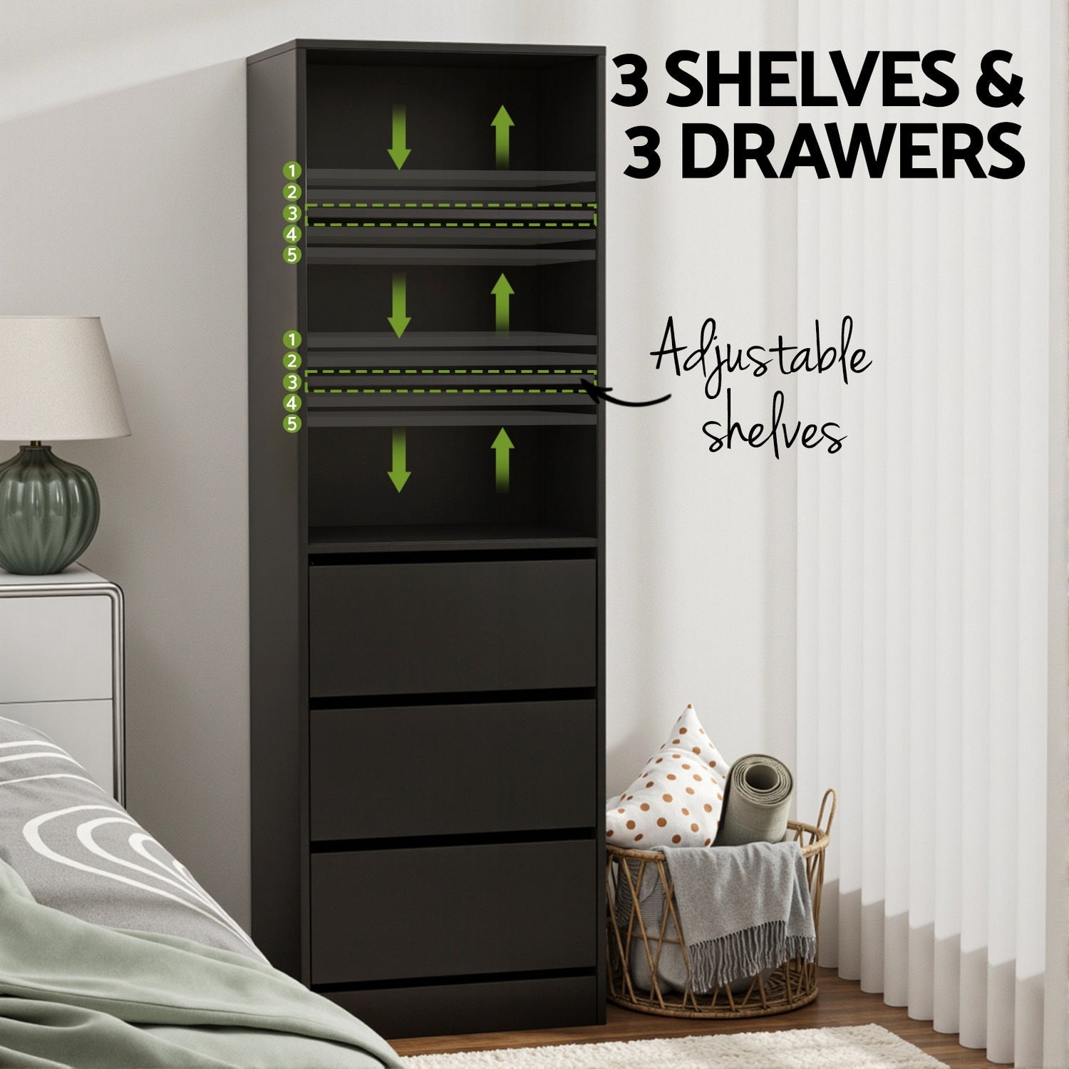 3 Chest of Drawers Tallboy Cabinet Black - Furniture > Bedroom > Dressers - Rivercity House & Home Co. (ABN 18 642 972 209) - Affordable Modern Furniture Australia
