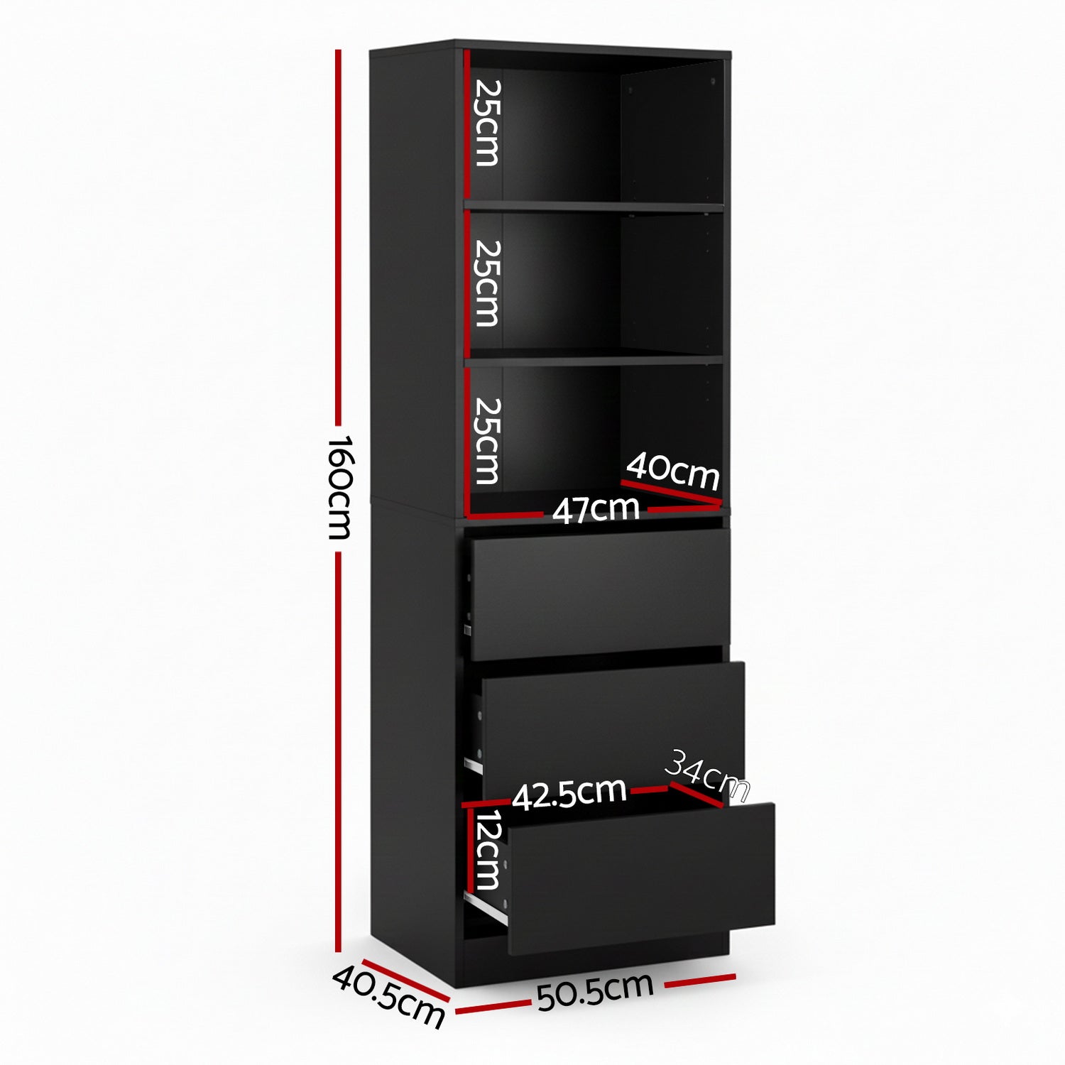 3 Chest of Drawers Tallboy Cabinet Black - Furniture > Bedroom > Dressers - Rivercity House & Home Co. (ABN 18 642 972 209) - Affordable Modern Furniture Australia