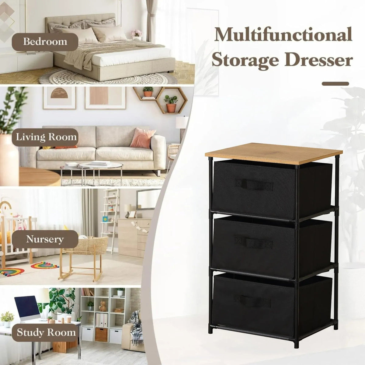 3 Drawer Fabric Storage Dresser with Steel Frame Rustic - Black - Furniture > Sofas > Sofa Accessories - Rivercity House & Home Co. (ABN 18 642 972 209) - Affordable Modern Furniture Australia