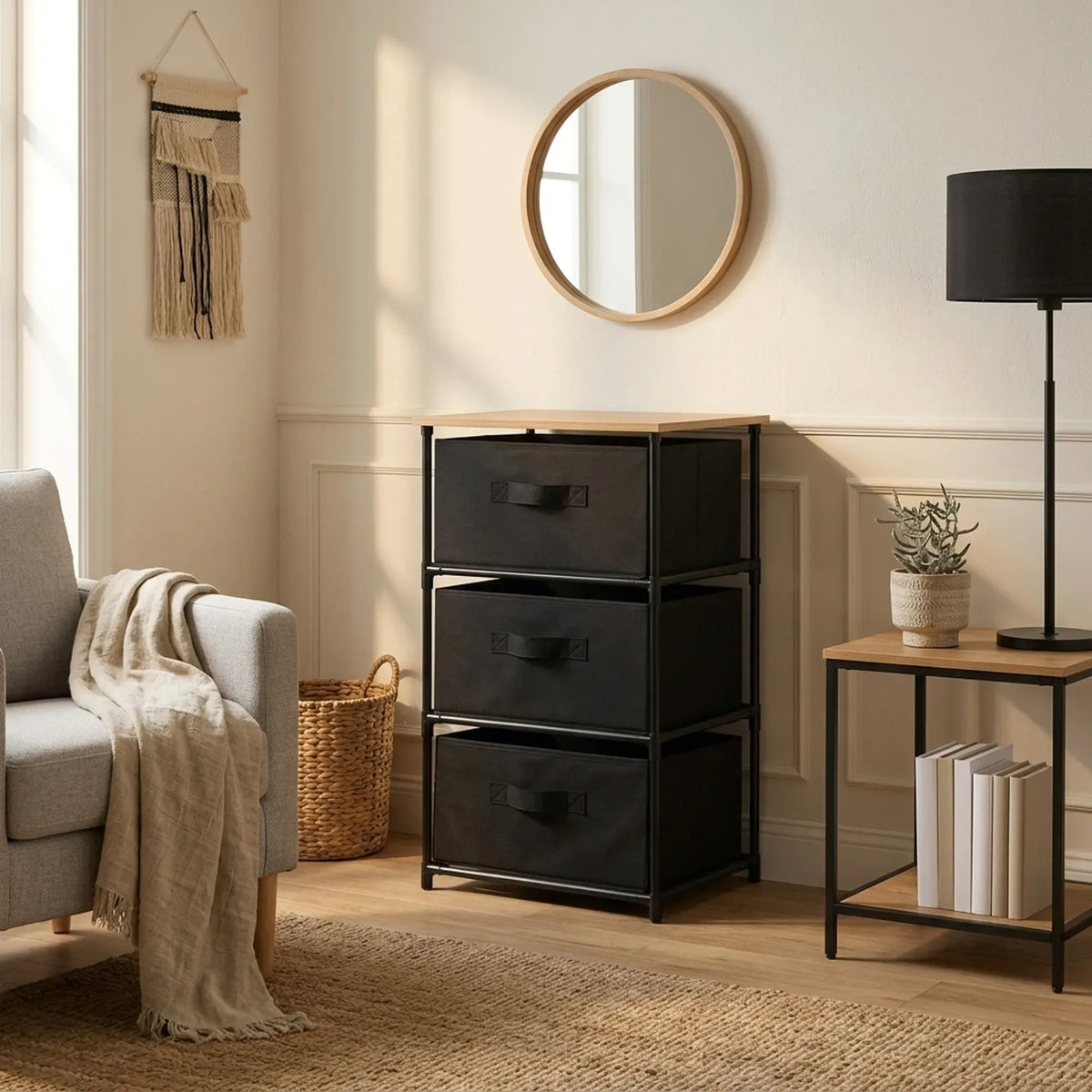 3 Drawer Fabric Storage Dresser with Steel Frame Rustic - Black - Furniture > Sofas > Sofa Accessories - Rivercity House & Home Co. (ABN 18 642 972 209) - Affordable Modern Furniture Australia