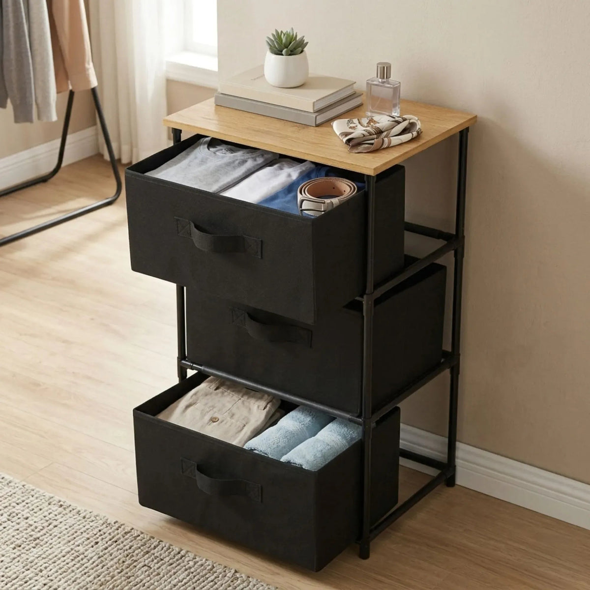 3 Drawer Fabric Storage Dresser with Steel Frame Rustic - Black - Furniture > Sofas > Sofa Accessories - Rivercity House & Home Co. (ABN 18 642 972 209) - Affordable Modern Furniture Australia