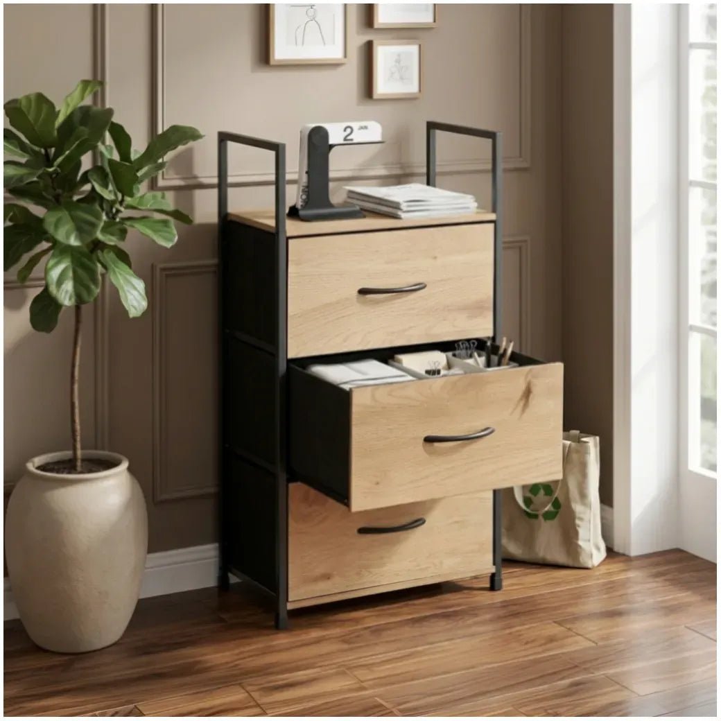 3 Drawer Fabric Storage Tower with Steel Frame Rustic Oak - Brown - Home & Garden > Storage > Storage Cabinets & Lockers - Rivercity House & Home Co. (ABN 18 642 972 209) - Affordable Modern Furniture Australia