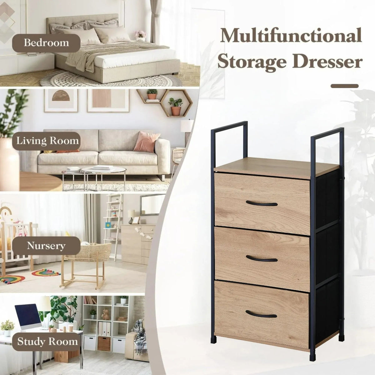 3 Drawer Fabric Storage Tower with Steel Frame Rustic Oak - Brown - Home & Garden > Storage > Storage Cabinets & Lockers - Rivercity House & Home Co. (ABN 18 642 972 209) - Affordable Modern Furniture Australia