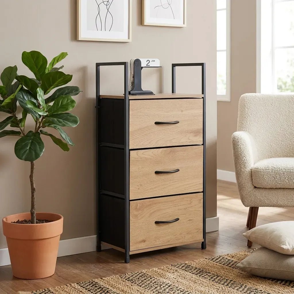 3 Drawer Fabric Storage Tower with Steel Frame Rustic Oak - Brown - Home & Garden > Storage > Storage Cabinets & Lockers - Rivercity House & Home Co. (ABN 18 642 972 209) - Affordable Modern Furniture Australia