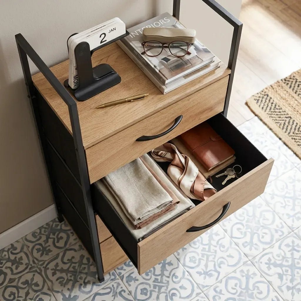 3 Drawer Fabric Storage Tower with Steel Frame Rustic Oak - Brown - Home & Garden > Storage > Storage Cabinets & Lockers - Rivercity House & Home Co. (ABN 18 642 972 209) - Affordable Modern Furniture Australia