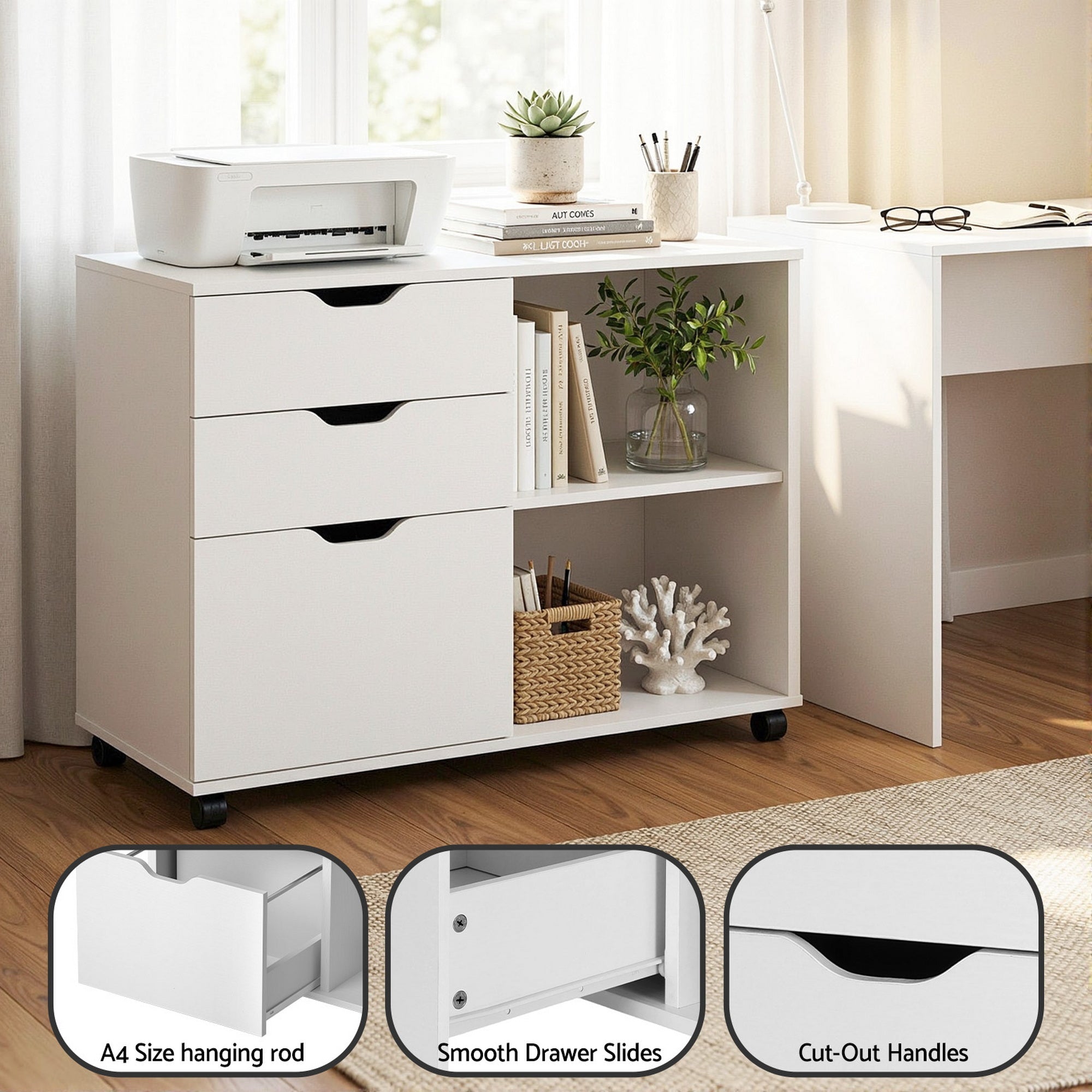 3 Drawer Mobile Filing Cabinet Printer Stand Cabinet Home Office Storage White - Furniture > Office > Storage Cabinets - Rivercity House & Home Co. (ABN 18 642 972 209) - Affordable Modern Furniture Australia