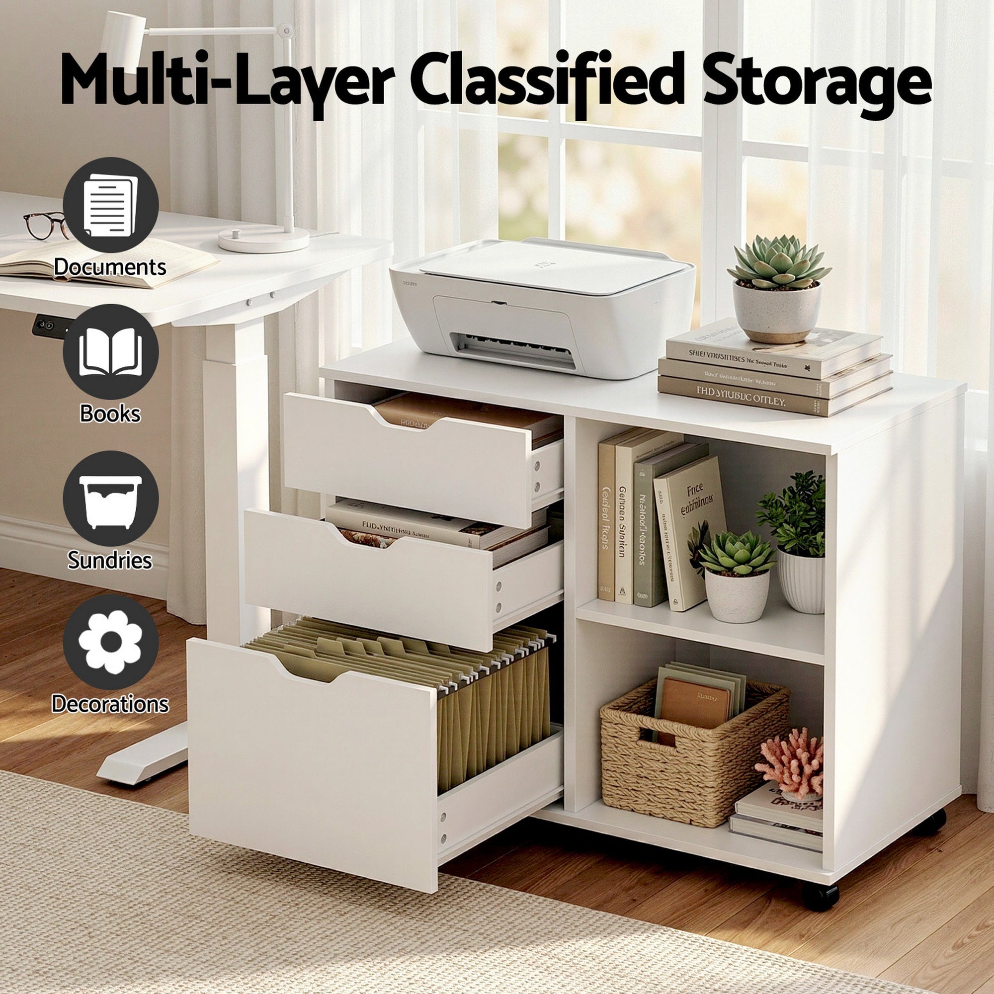 3 Drawer Mobile Filing Cabinet Printer Stand Cabinet Home Office Storage White - Furniture > Office > Storage Cabinets - Rivercity House & Home Co. (ABN 18 642 972 209) - Affordable Modern Furniture Australia