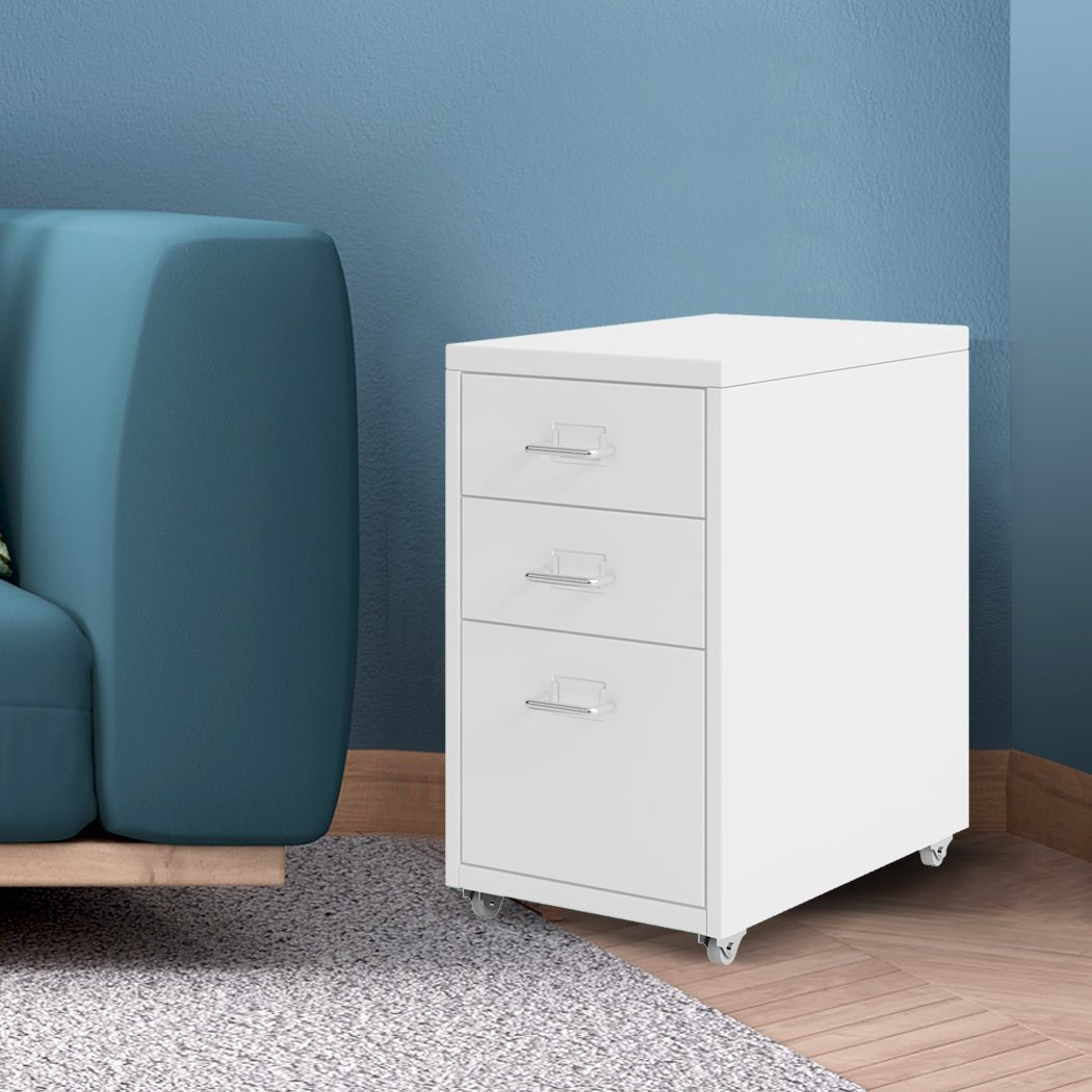 3 Drawer Office Filing Cabinet with Wheels and Label Holders - White - Rivercity House & Home Co. (ABN 18 642 972 209) - Affordable Modern Furniture Australia