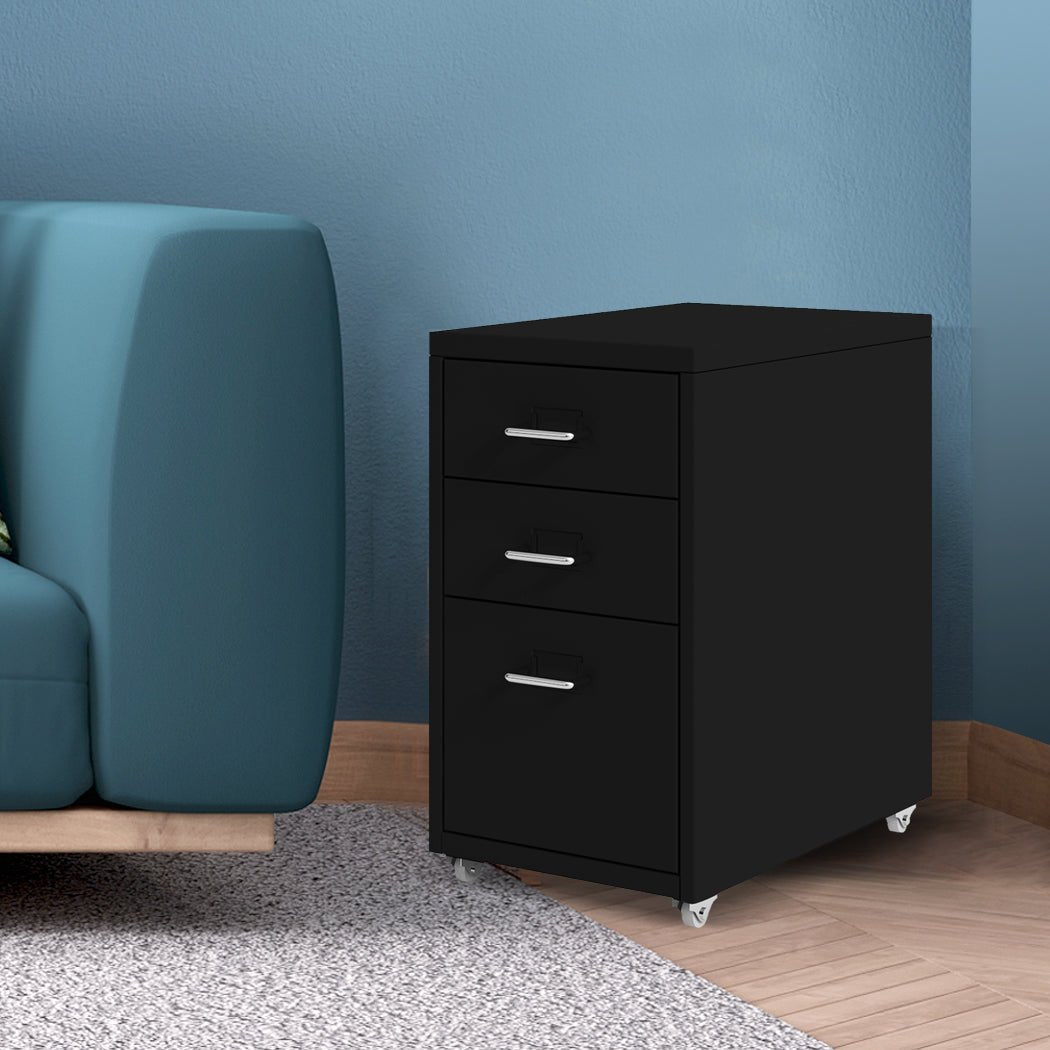 3 Drawer Steel Office Filing Cabinet with Wheels - Black - Rivercity House & Home Co. (ABN 18 642 972 209) - Affordable Modern Furniture Australia