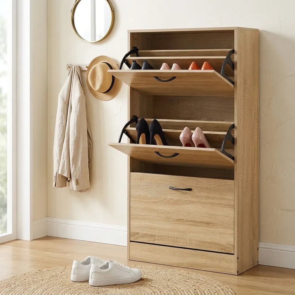 3 Flip Drawer Modern Shoe Storage Cabinet with Hidden Storage - Oak - Furniture > Living Room > Shoe Storage - Rivercity House & Home Co. (ABN 18 642 972 209) - Affordable Modern Furniture Australia