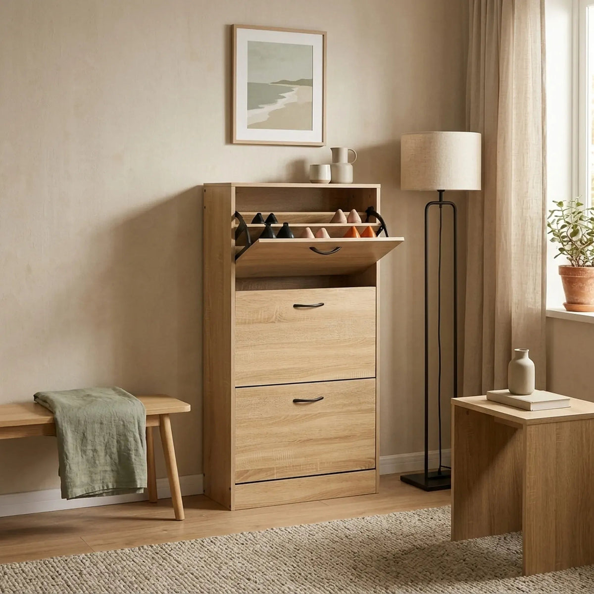3 Flip Drawer Modern Shoe Storage Cabinet with Hidden Storage - Oak - Furniture > Living Room > Shoe Storage - Rivercity House & Home Co. (ABN 18 642 972 209) - Affordable Modern Furniture Australia